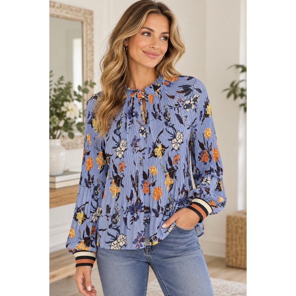 Belle Vere M/L Pleated Floral Blouse Blue Boho Romantic Cottagecore Long Sleeve